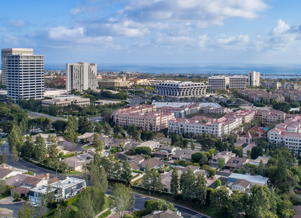 Aerial view of Fashion Island mall in Newport Beach, Orange County, California