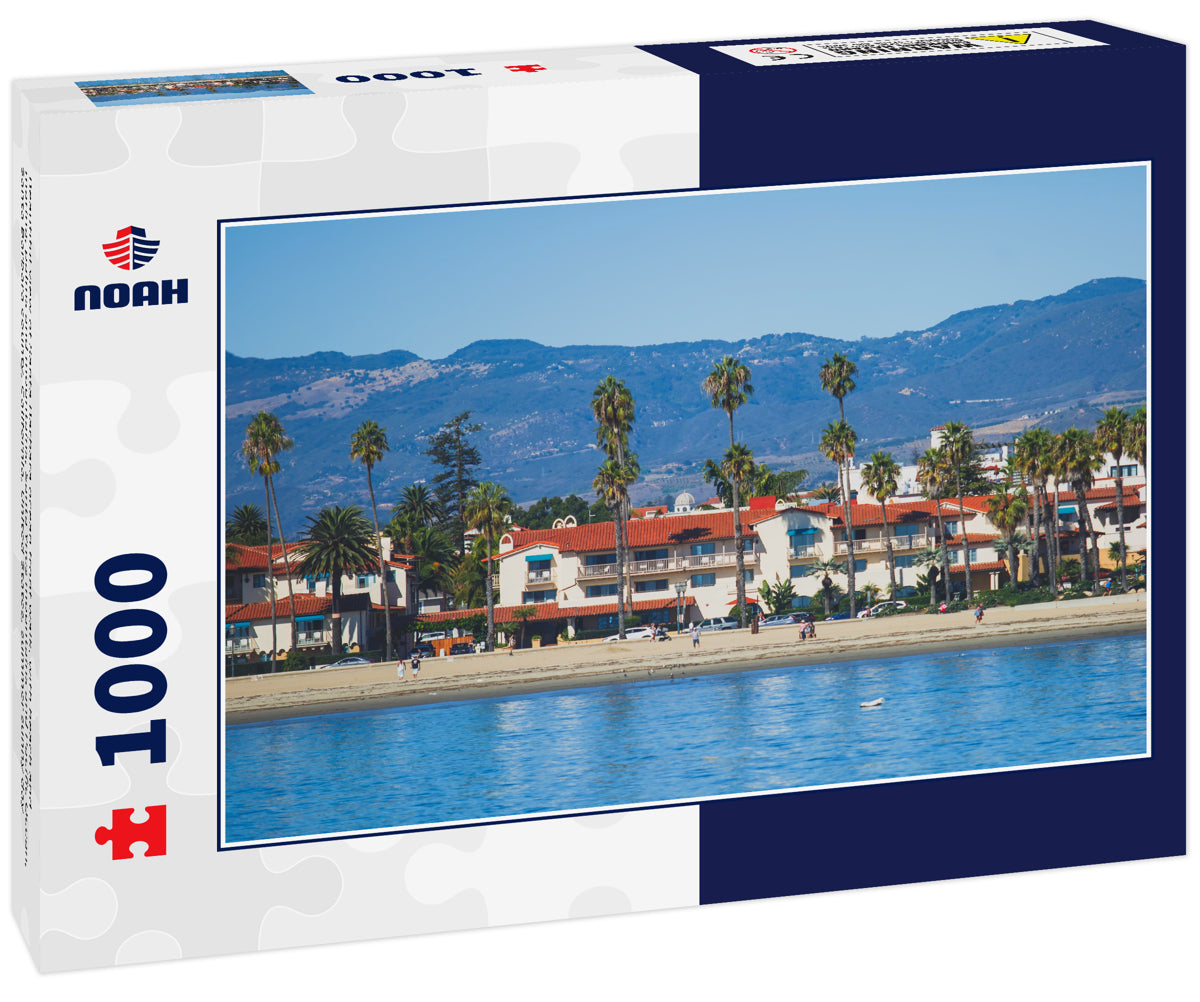 Beautiful view of Santa Barbara ocean front walk, with beach and marina, palms and mountains, Santa Ynez mountains and Pacific Ocean, Santa Barbara county, California, United States, summer sunny day