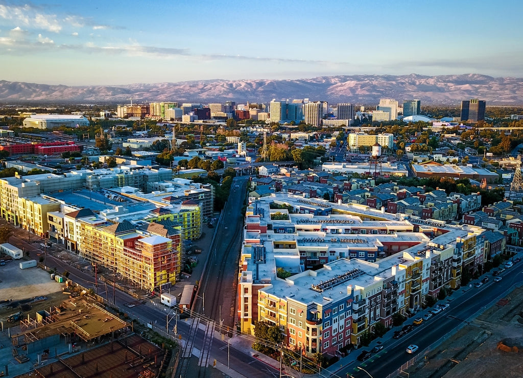 Aerial view of sunset over downtown San Jose in California