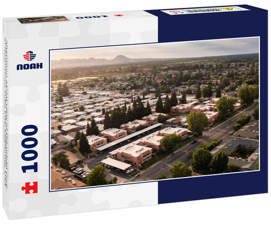 Afternoon aerial view of the urban core of downtown Yuba City, California, USA