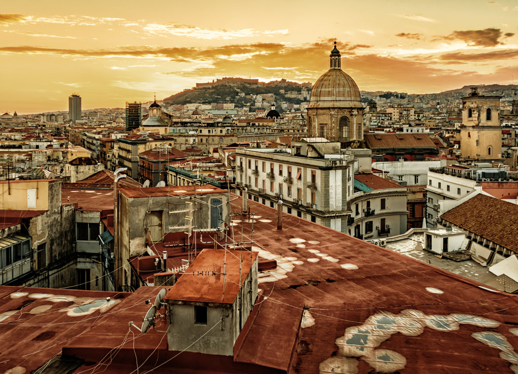 Stunning view of Naples in Italy on a sunset