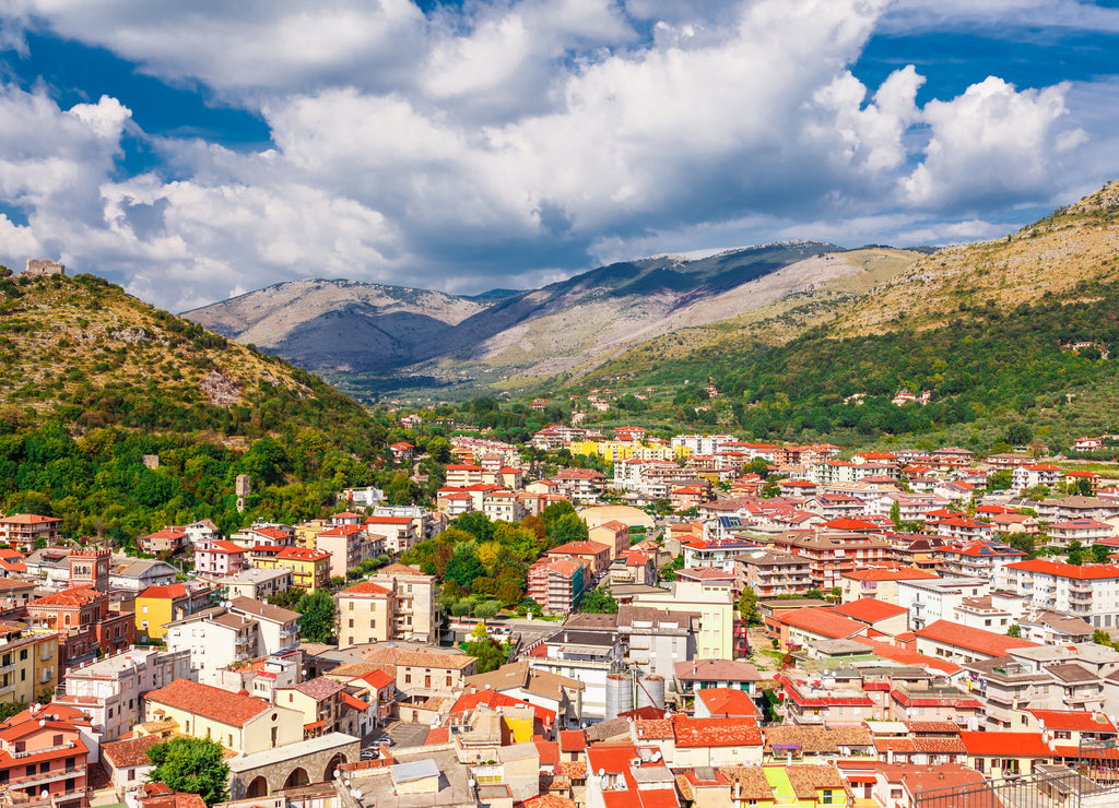 Panoramic mountain landscape with Itri, Lazio, Italy. Scenic resort town village