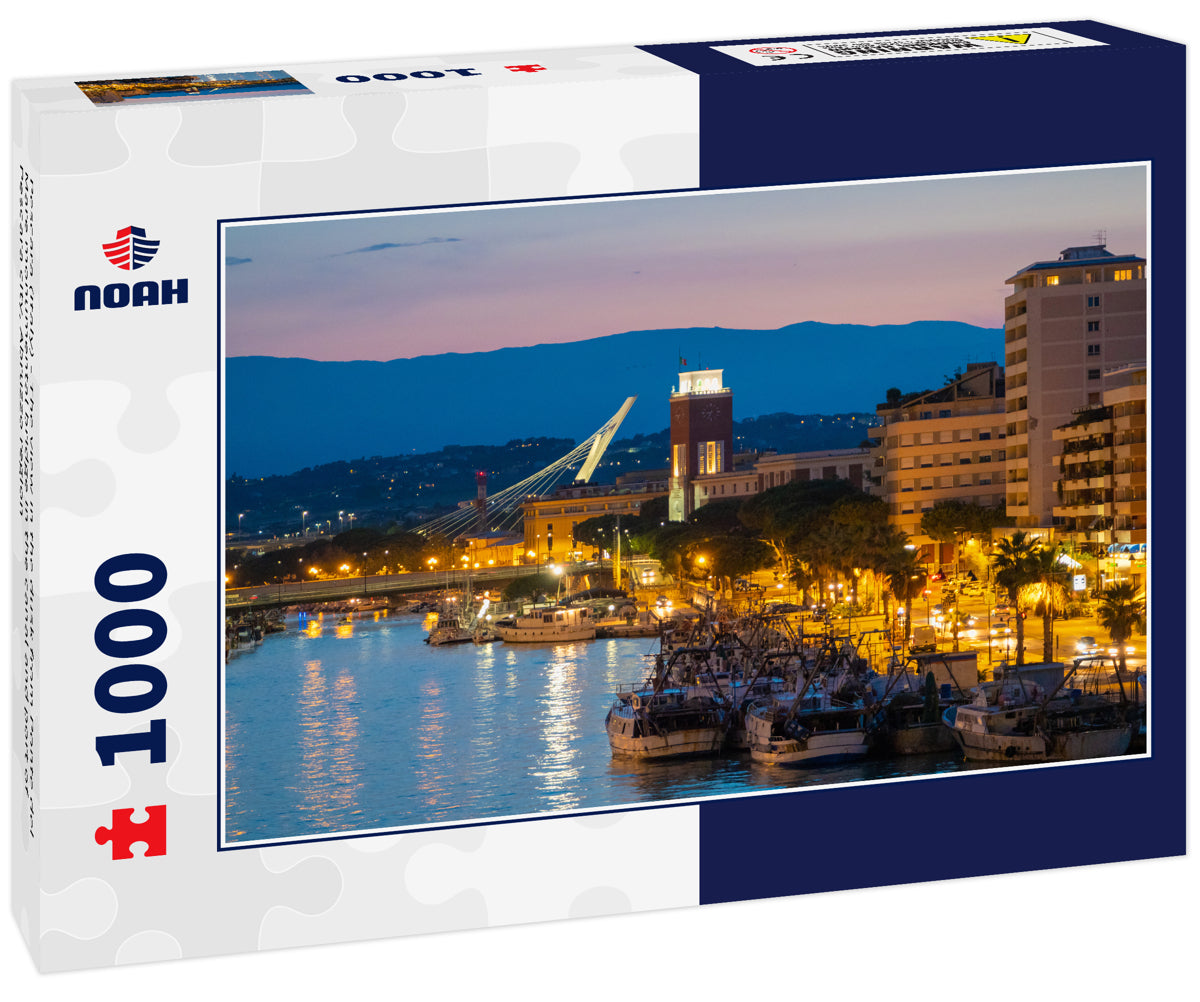 Pescara (Italy) - The view in the dusk from Ponte del Mare monumental bridge in the canal and port of Pescara city, Abruzzo region