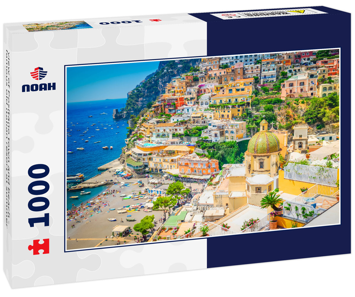 view of Positano town and beach - famous old italian resort at summer