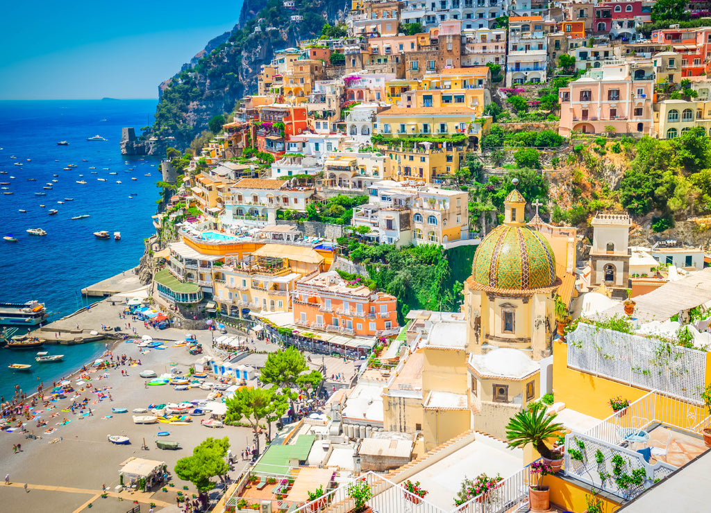 view of Positano town and beach - famous old italian resort at summer