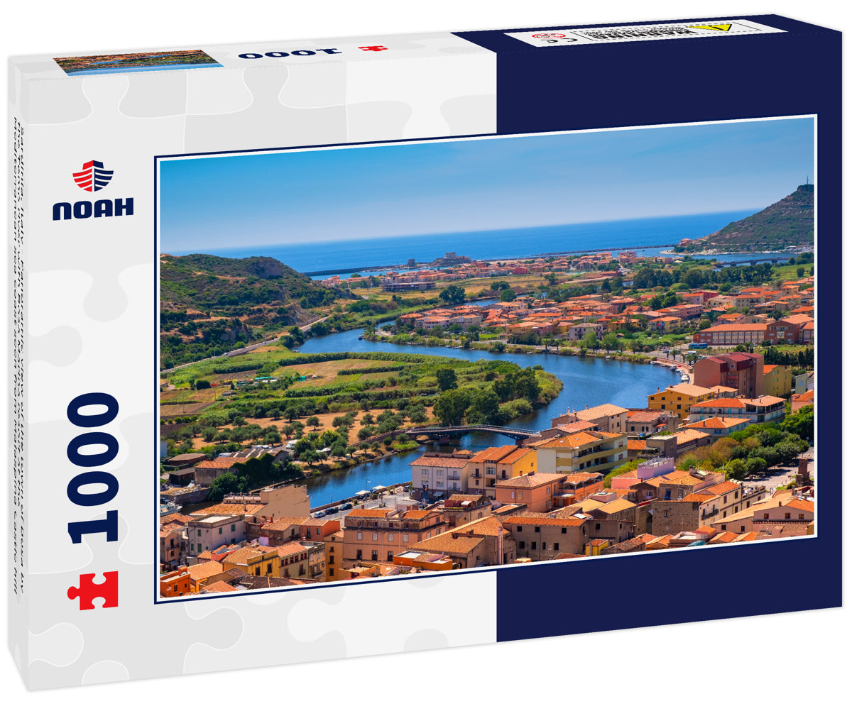 Sardinia, Italy - Panoramic view of the town of Bosa by the Temo river with Bosa Marina resort at the Mediterranean sea coast seen from Malaspina Castle hill