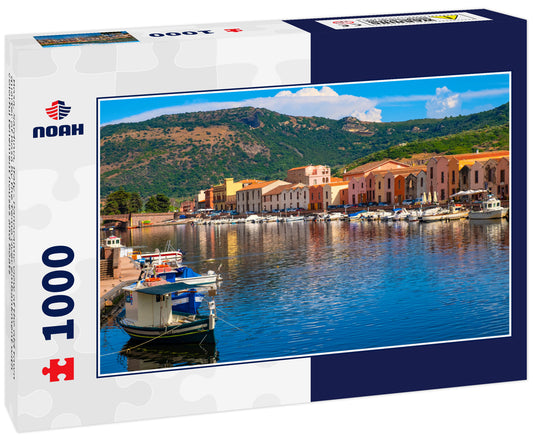 Bosa, Sardinia, Italy - Panoramic view of the old town quarter of Bosa by the Temo river embankment with colorful tenement houses and boats