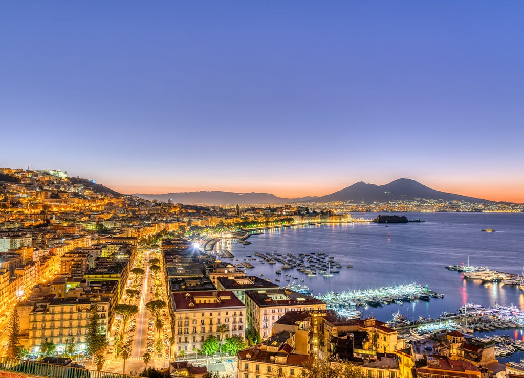 Naples in Italy with Mount Vesuvius before sunrise