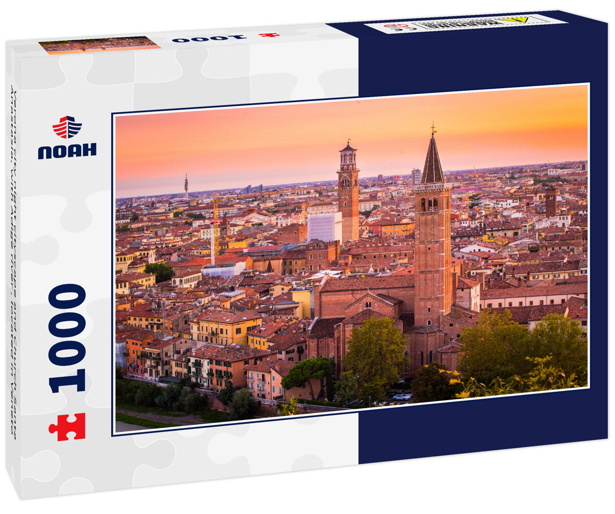 Verona city night cityscape and Church Santa Anastasia, with Adige river , located in Veneto