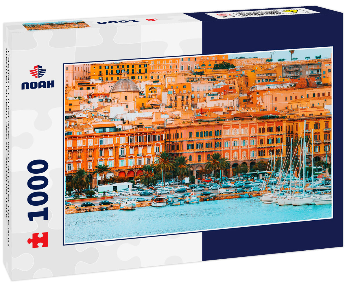 Cagliary cityscape with architecture and Mediterranean Sea at Sardinia Italy