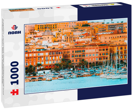 Cagliary cityscape with architecture and Mediterranean Sea at Sardinia Italy