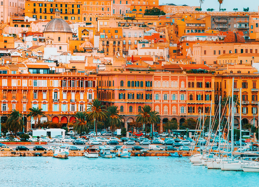 Cagliary cityscape with architecture and Mediterranean Sea at Sardinia Italy