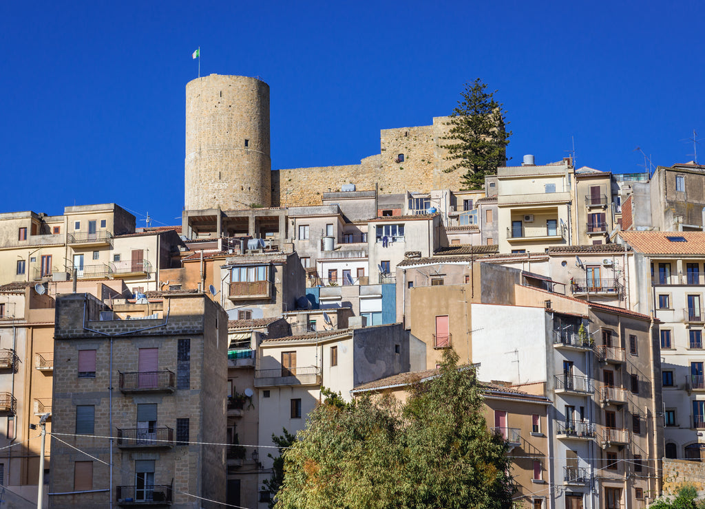 Historic part and castle tower of Salemi, small town located in Trapani Province of Sicily Island in Italy