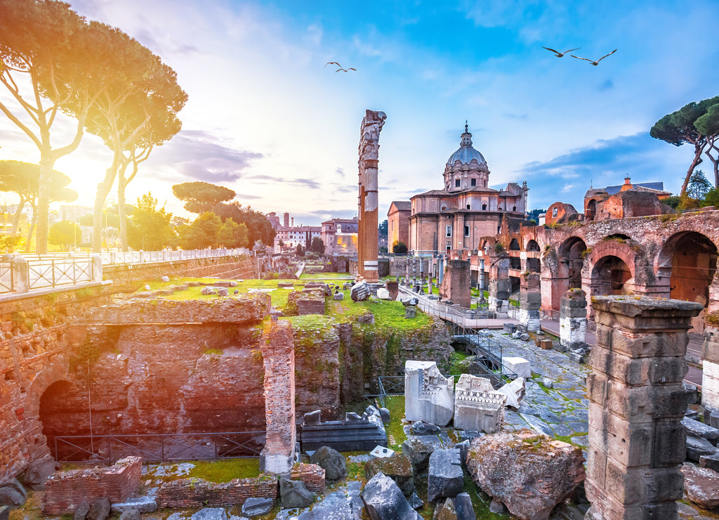 Forum Romanum or Roman Forum dawn colorful view, eternal city of Rome spectacular ancient square view