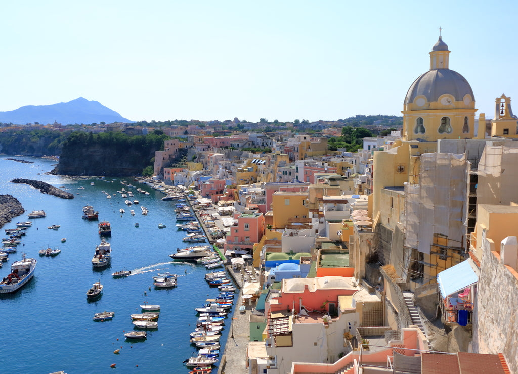 view from above to the beautiful Marina di Procida, Island between naples and Ischia, Italy