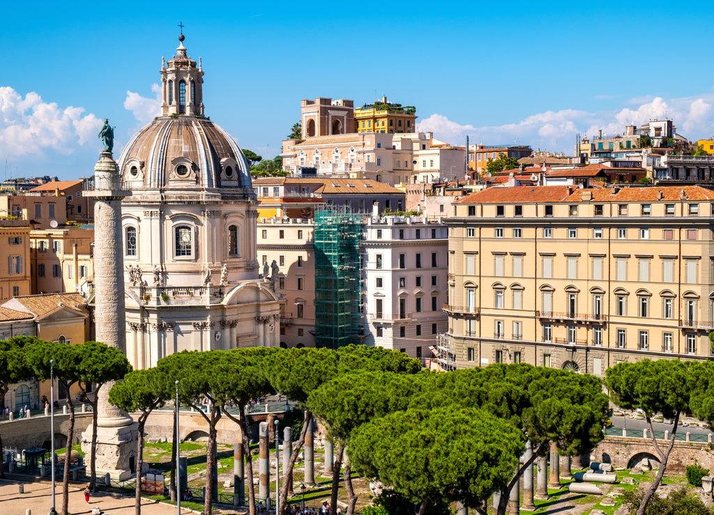 Most Holy Name of Mary at the Trajan Forum church with Column of Trajan at Foro Traiano and Piazza Venezia square in historic city center of Rome