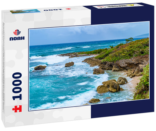 Beautiful tropical Caribbean island landscape view. Scenic summer vacation ocean coast cliffs setting. High precipice coastline shore meets the sea. Coastal mountain rocks in Saint Mary parish,Jamaica