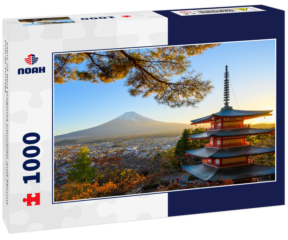 View of Red pagoda Chureito and Mount Fuji at sunset