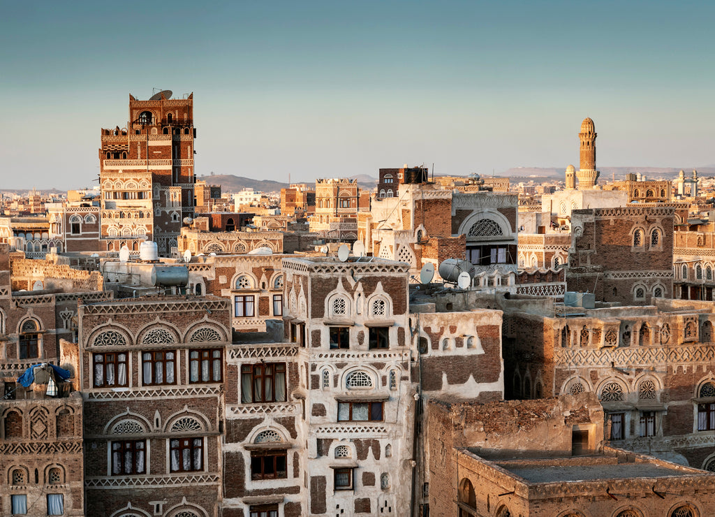 view of sanaa city old town architecture skyline in yemen
