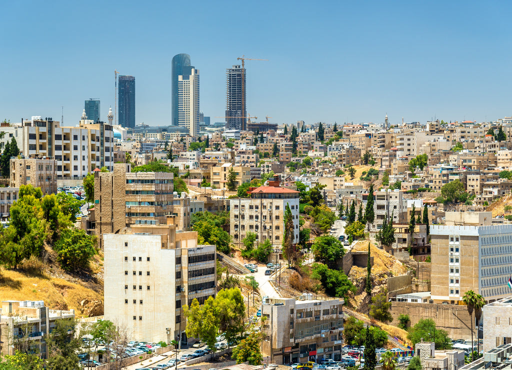 Cityscape of Amman downtown with skyscrapers at background