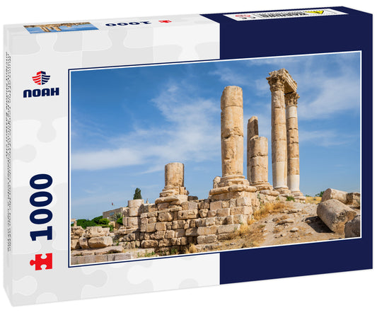 Ruins of the Temple of Hercules on the top of the mountain of the Amman citadel with a view of the ancient Middle Eastern city