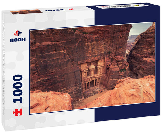 Top view of Al Khazneh - rock cut temple, the treasury in ancient Nabatean city of Petra, Jordan