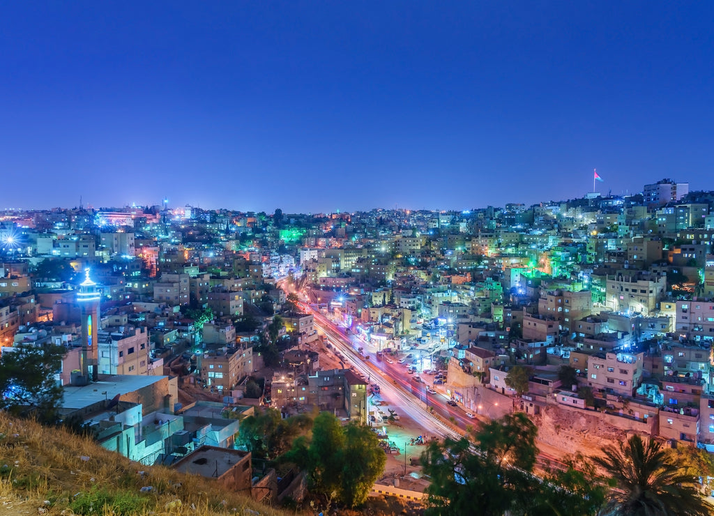 Cityscape Amman downtown at dusk, Panoramic view from the citadel hill. Capital of Jordan
