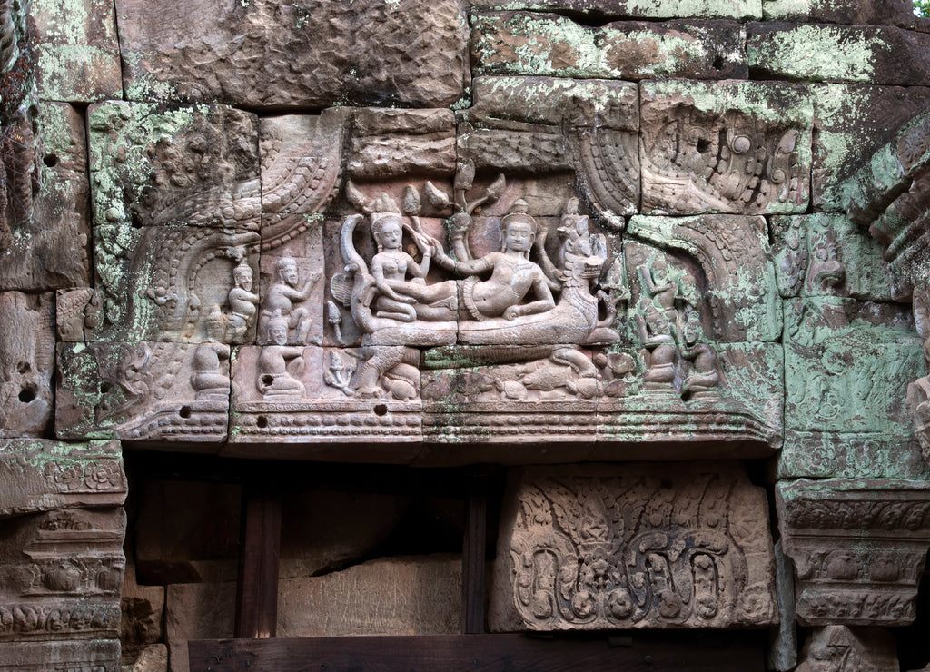 Angkor Cambodia, carving of Hindu Vishnu god reclining on serpent on lintel at the 12th century Preah Khan temple