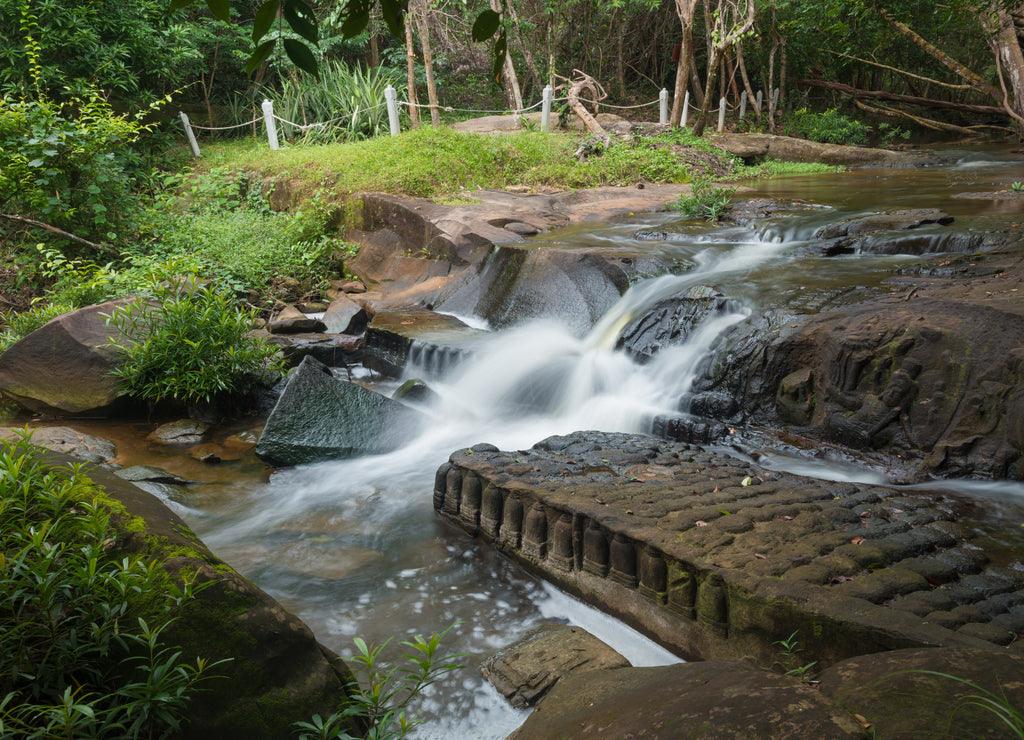The scenery of the Kbal Spean the mystery waterfall on Kulen mountains range of the ancient Khmer empire in Siem Reap province of Cambodia