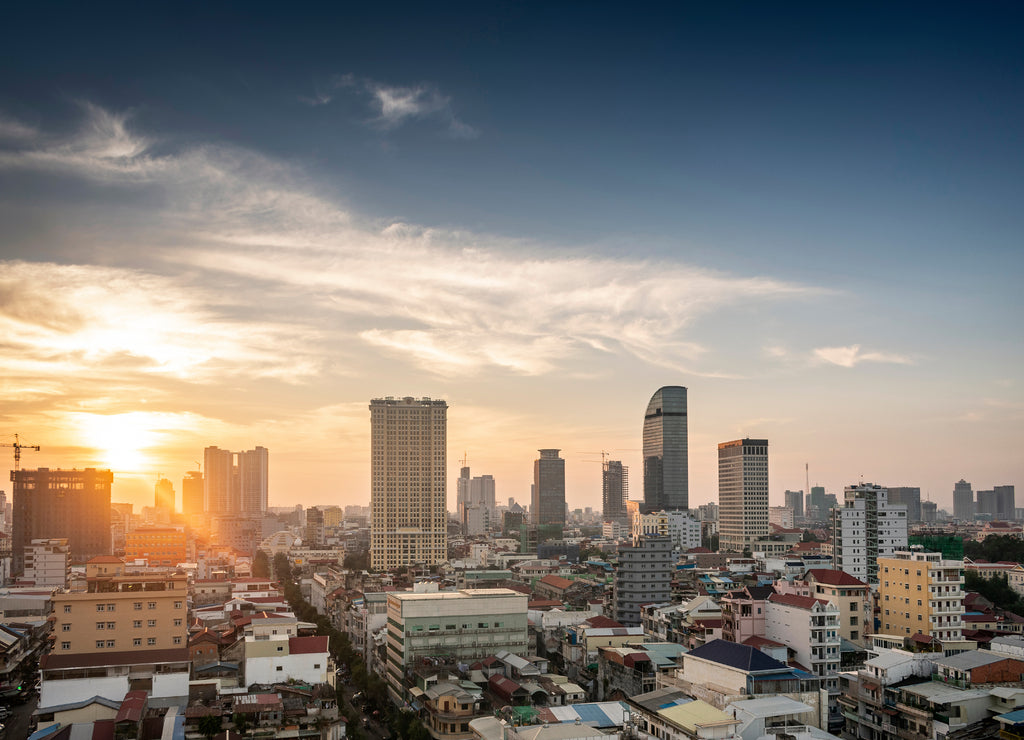 Central Phnom Penh city modern urban buildings skyline in Cambodia