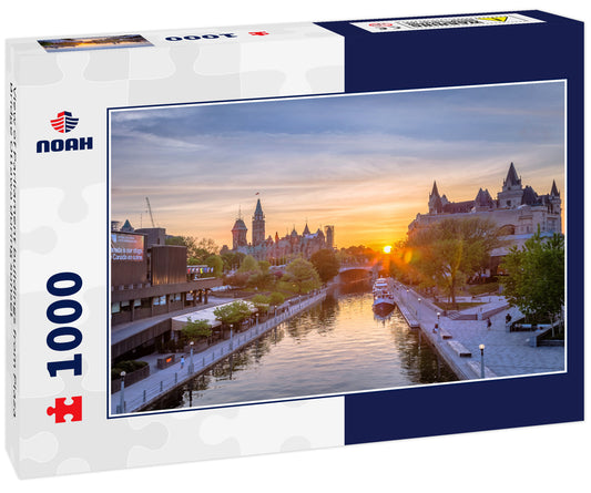 View of Parliament buildings from Plaza Bridge Ottawa during sunset