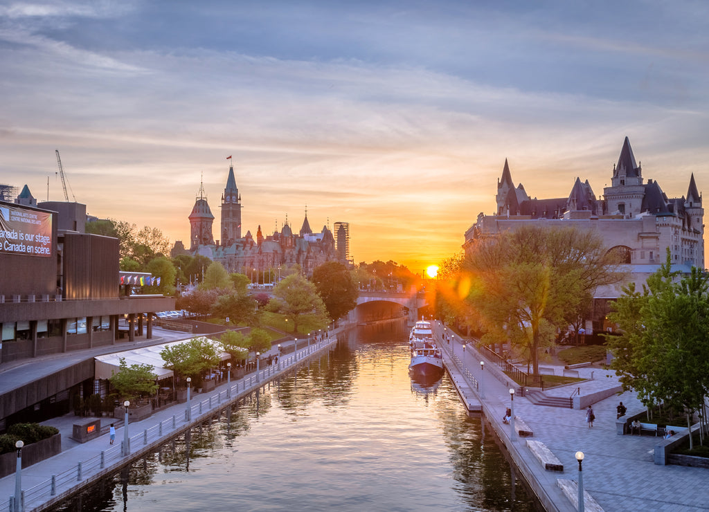 View of Parliament buildings from Plaza Bridge Ottawa during sunset