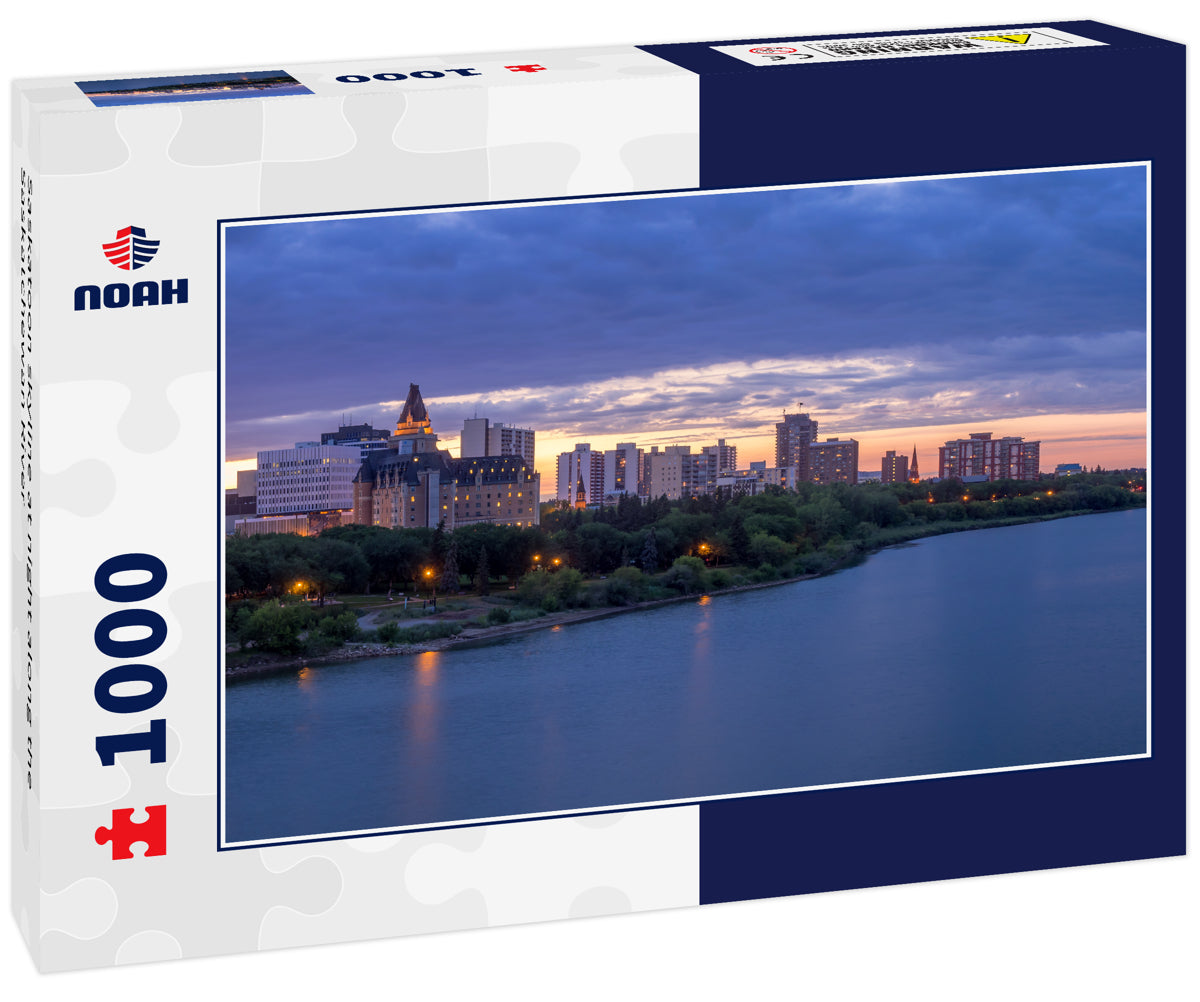 Saskatoon skyline at night along the Saskatchewan River