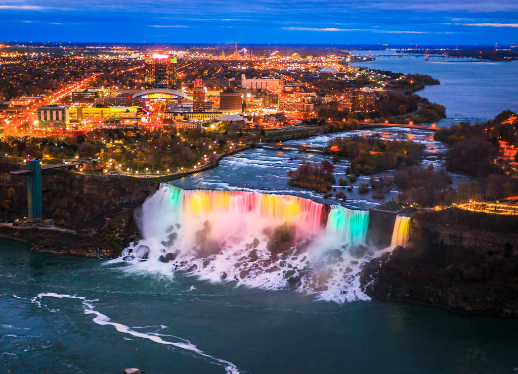 Bird View of Niagara Falls Canada and America during sunset