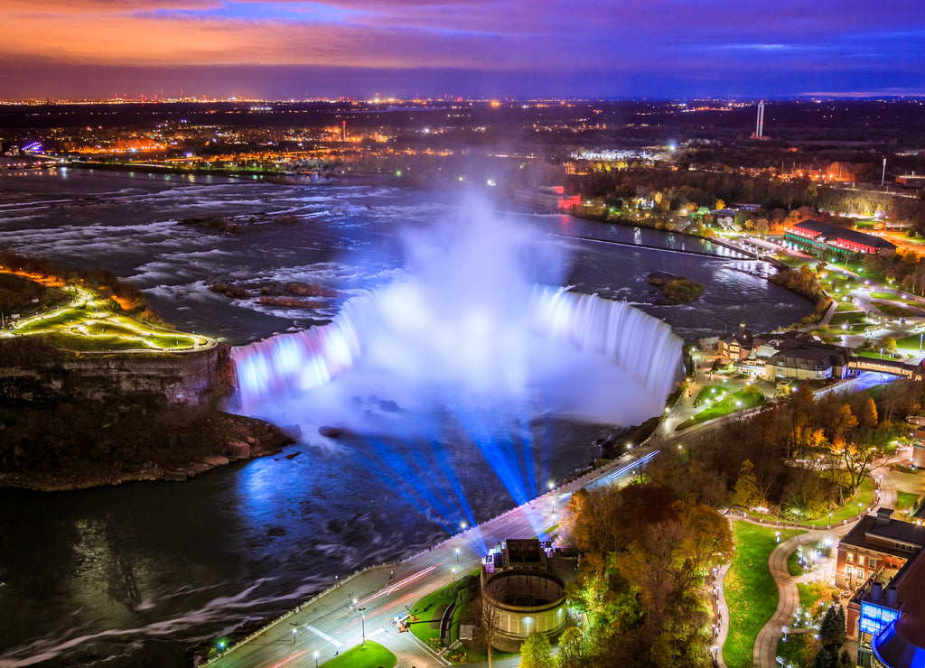 Bird View of Niagara Falls Canada and America during sunset