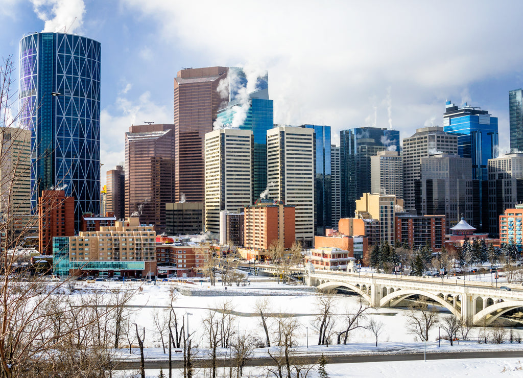 View of Calgary Skyline on a Freezing Winter Morning