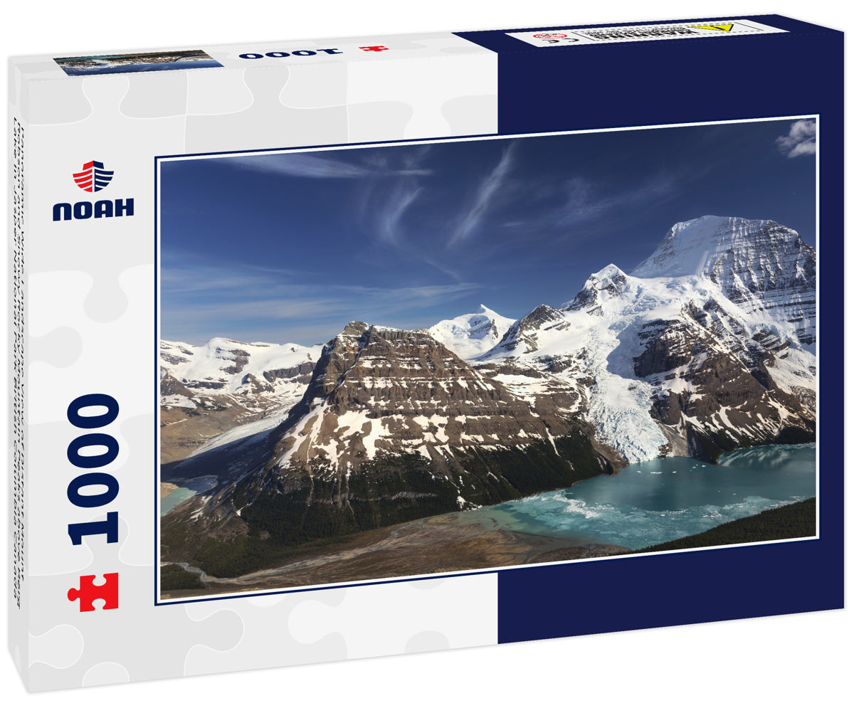 Panoramic Wide Landscape View of Distant Mount Robson and Snowy Rocky Mountain Peaks above Berg Lake in Jasper National Park British Columbia Canada