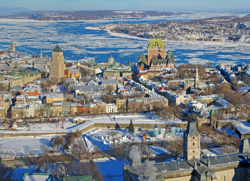 Quebec Lower City, St. Lawrence River in winter, Quebec, Canada. Historic District of Quebec City is UNESCO World Heritage Site