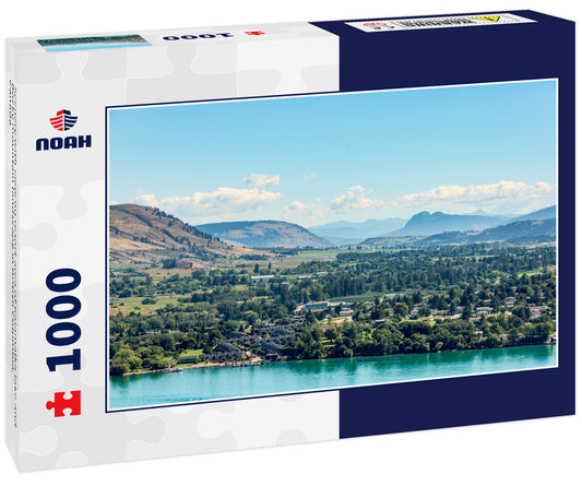 Scenery with view on resort area of Kalamalka lake and Rocky mountain landscape in British Columbia, Canada