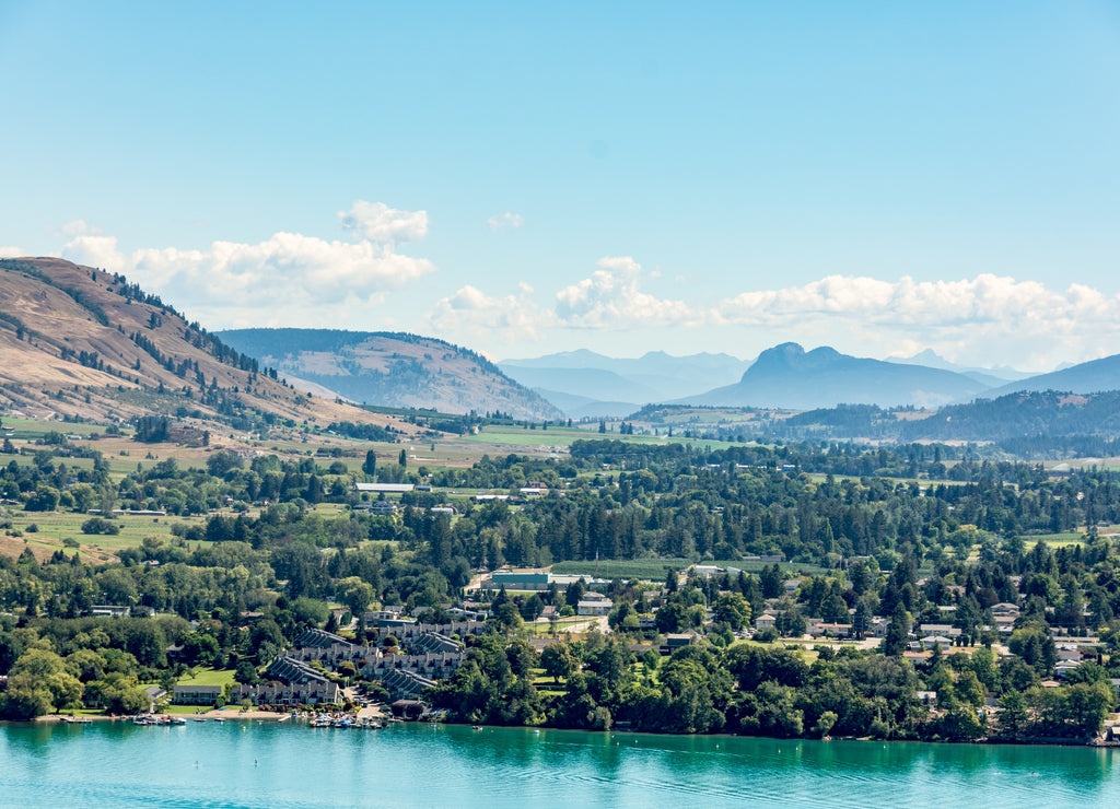 Scenery with view on resort area of Kalamalka lake and Rocky mountain landscape in British Columbia, Canada