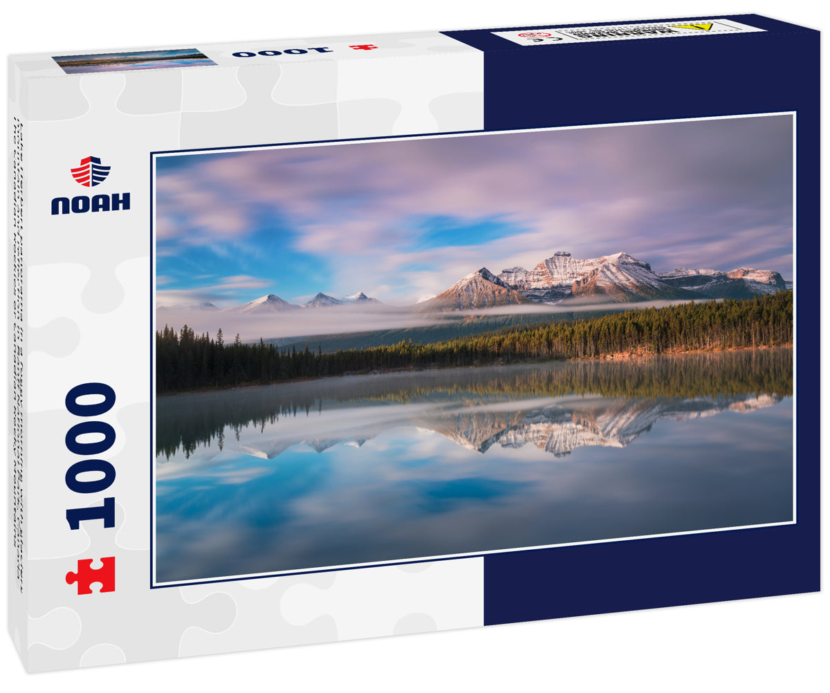 Lake Herbert panorama in a foggy morning with glaciers mountain and reflection in Banff National Park, Canada The Canadian Rockies or Canadian Rocky Mountains