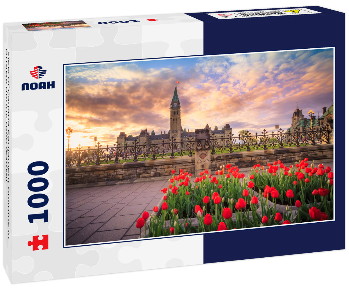 View of Canada Parliament building in Ottawa during tulip festival