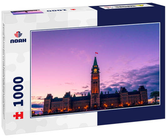 Canada parliament building and centennial flame fountain in Ottawa during blue hour