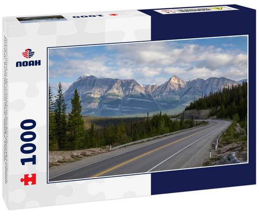 Scenic road in the Canadian Rockies during a vibrant sunny and cloudy summer morning. Taken in Icefields Parkway, Banff National Park, Alberta, Canada