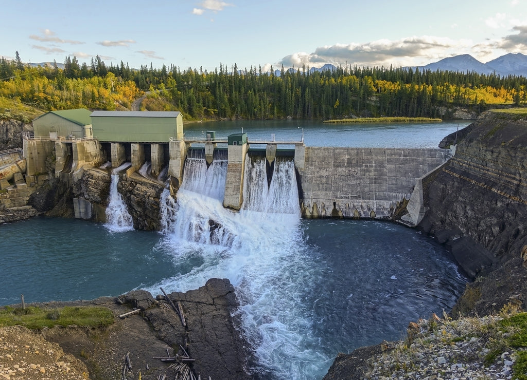 Horseshoe Falls Dam at Bow River, Rocky Mountains Foothills west of Calgary. Massive Concrete Structure was the first sizeable hydroelectric facility in Alberta, Canada