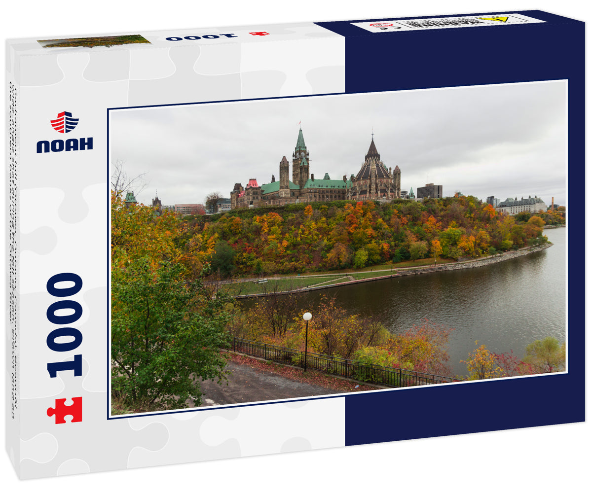 Parliament hill (Ottawa, Ontario, Canada). Beautifil wide-angle shot during the fall season. Crown land on the southern banks of the Ottawa River