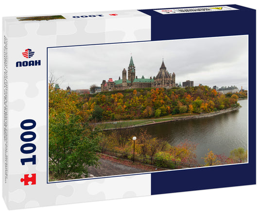 Parliament hill (Ottawa, Ontario, Canada). Beautifil wide-angle shot during the fall season. Crown land on the southern banks of the Ottawa River