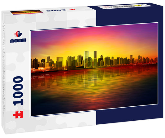 Abstract red sunset background with violett sky and panorama of Vancouver