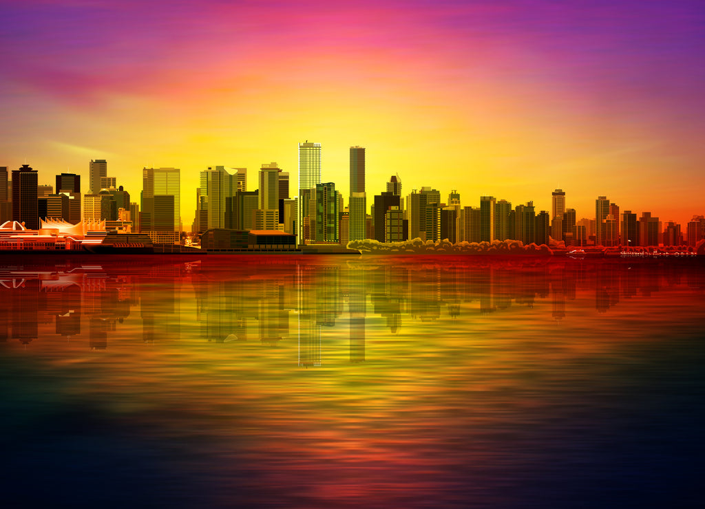 Abstract red sunset background with violett sky and panorama of Vancouver