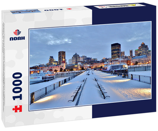 Snow-covered benches, pier, waterfront walkway, harbor, and downtown Montreal after sunset in winter - Montreal, Canada